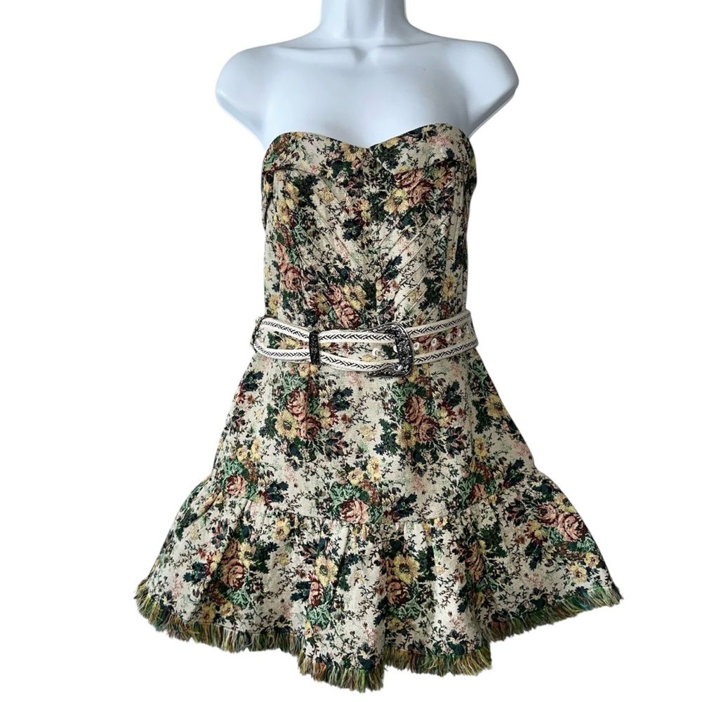 Hemant & Nandita Ecru Green Floral Tapestry Strapless Mini Dress w/Belt- Medium